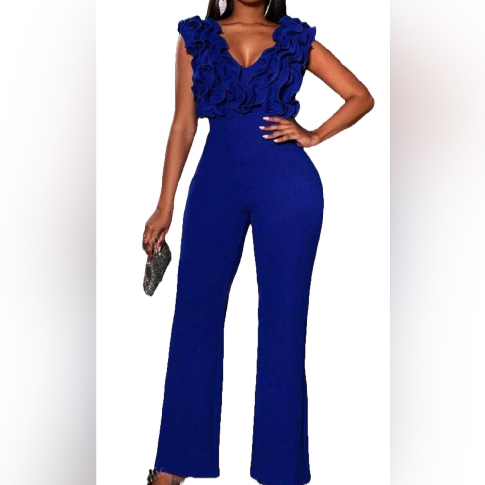 NWOT Ruffle Trim Plunging Neckline Elegant Blue Jumpsuit